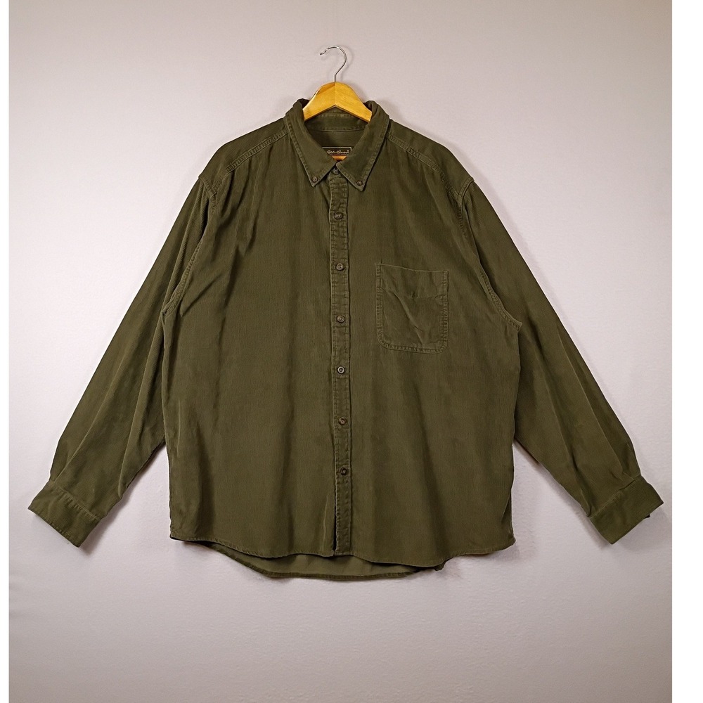 Gorpcore Eddie Bauer Mens XL Olive Green Corduroy Long Sleeve Button Down Shirt